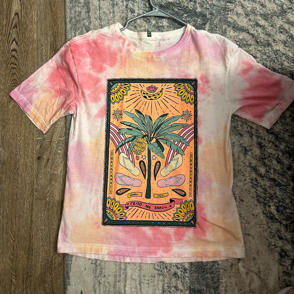 Havaianas Pink and Orange Tie-Dye Tee with Palm Graphic